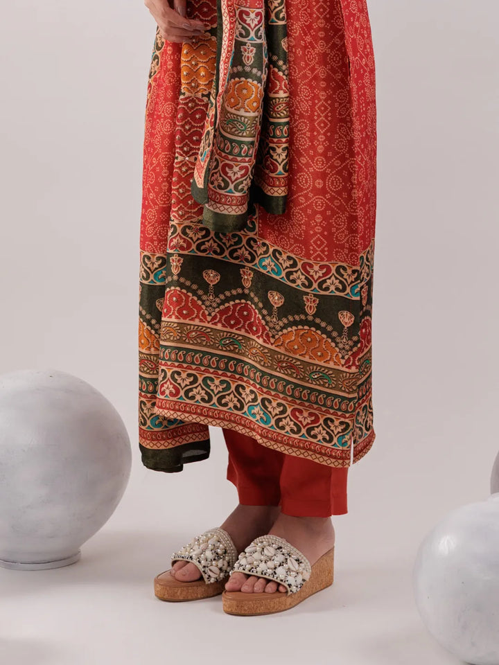 Red Pure Shimmer Tissue With Pure Viscose Trouser And Shimmer Dupatta-Yufta Store-7074SKDRDS