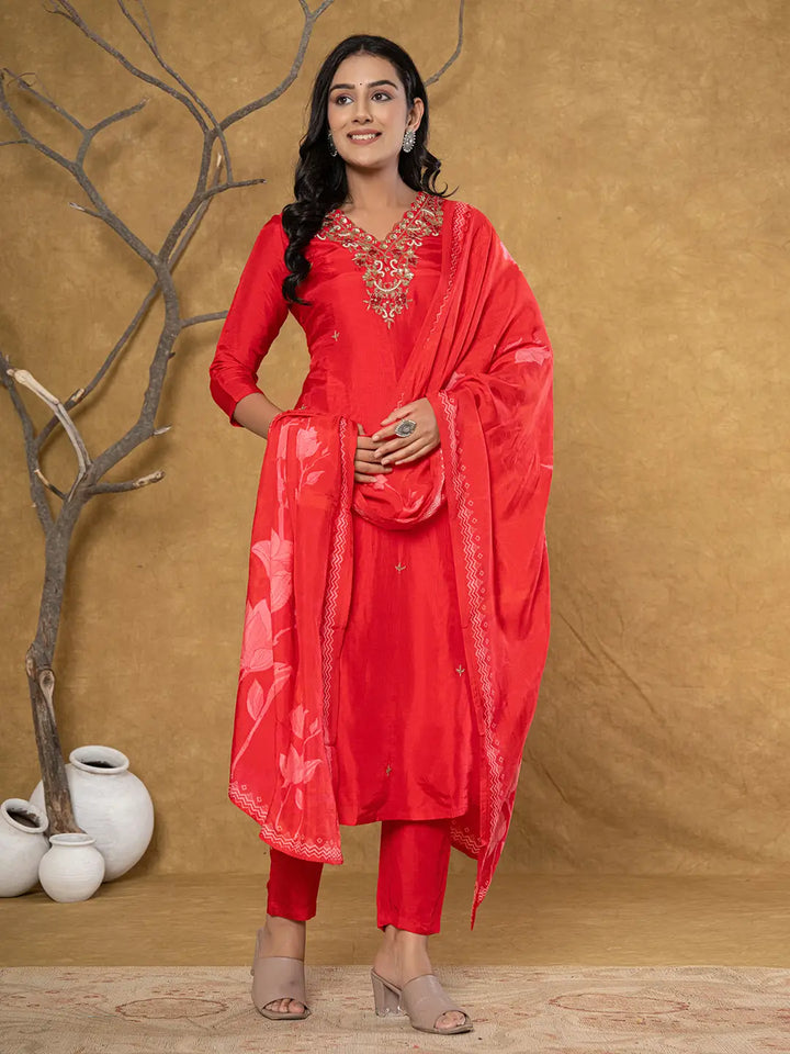 Red Pure Uppada Silk Handwork Kurta Dupatta Set-Yufta Store-7064SKDRDS