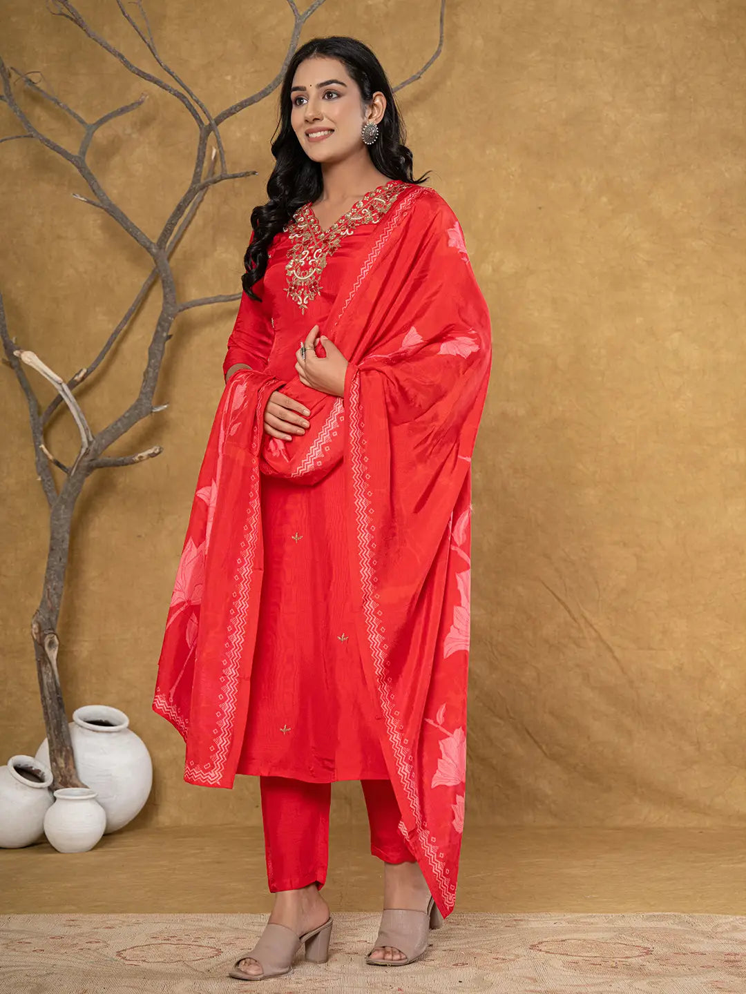 Red Pure Uppada Silk Handwork Kurta Dupatta Set-Yufta Store-7064SKDRDS