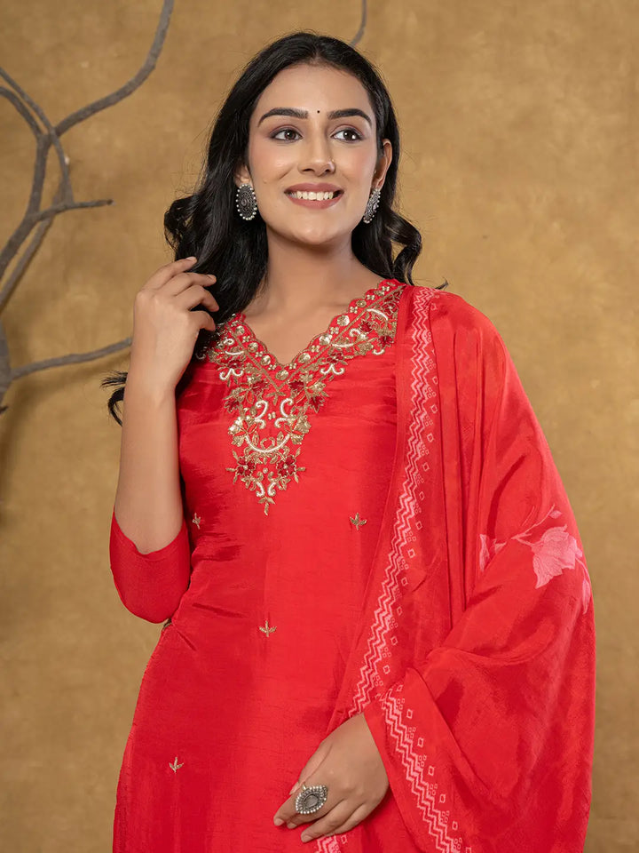 Red Pure Uppada Silk Handwork Kurta Dupatta Set-Yufta Store-7064SKDRDS