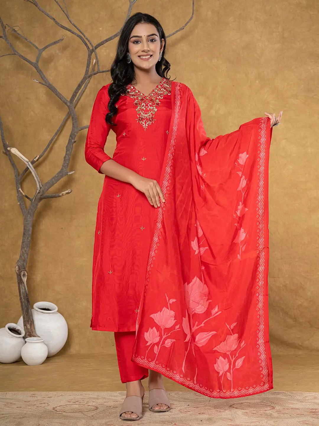 Red Pure Uppada Silk Handwork Kurta Dupatta Set-Yufta Store-7064SKDRDS