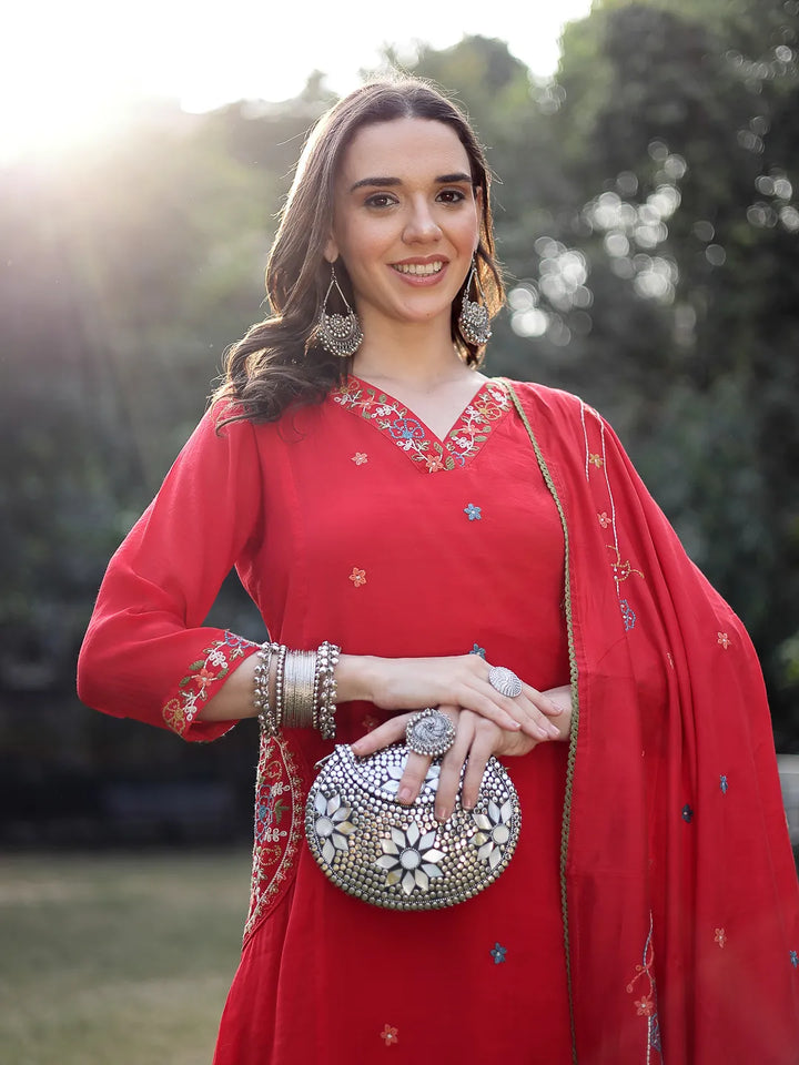 Red Resham Embroidery A-Line Chanderi Silk Kurta Trouser Dupatta Set