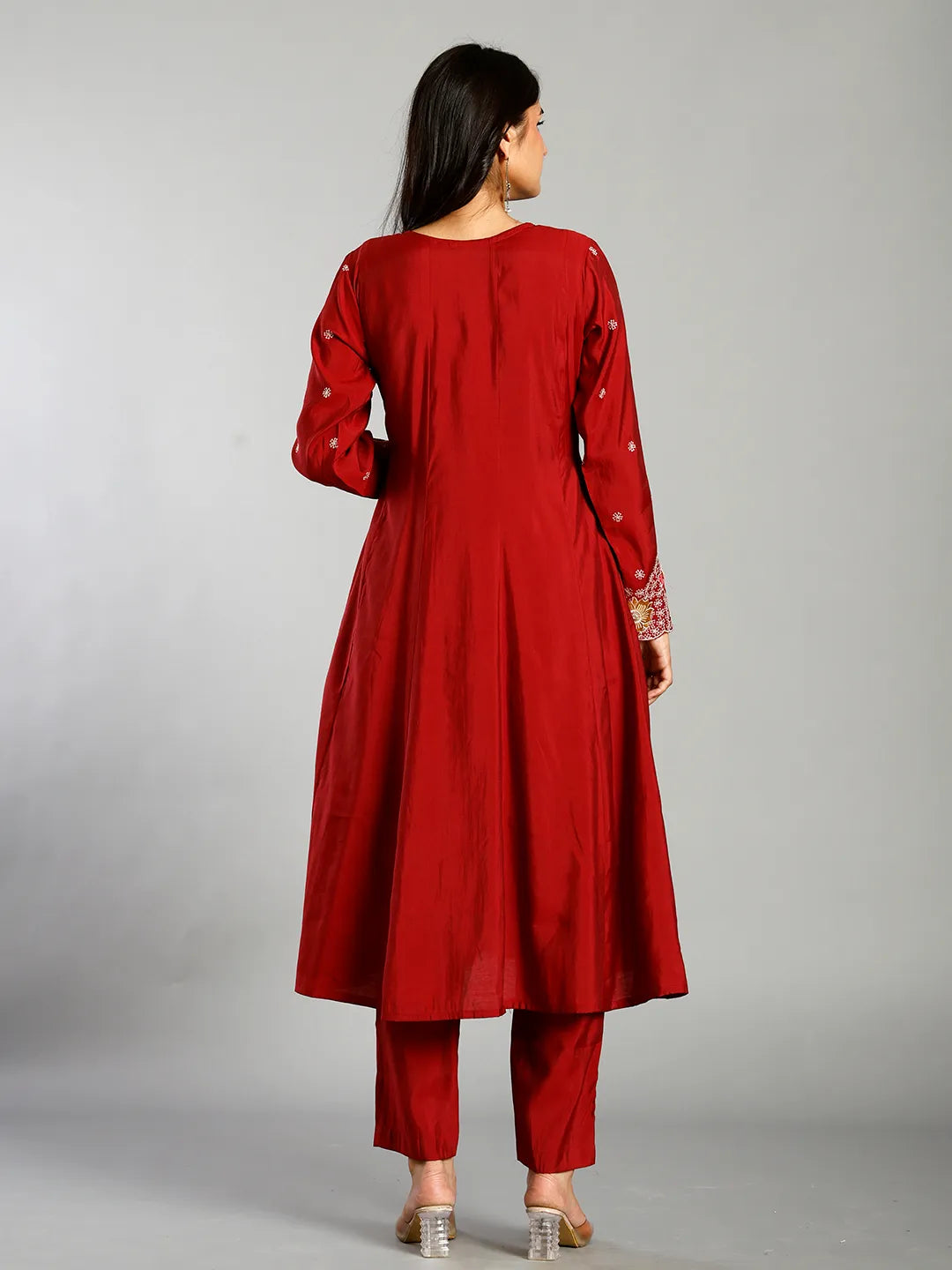 Red Roman Silk Zari Work A-Line Kurta Trouser Dupatta Set