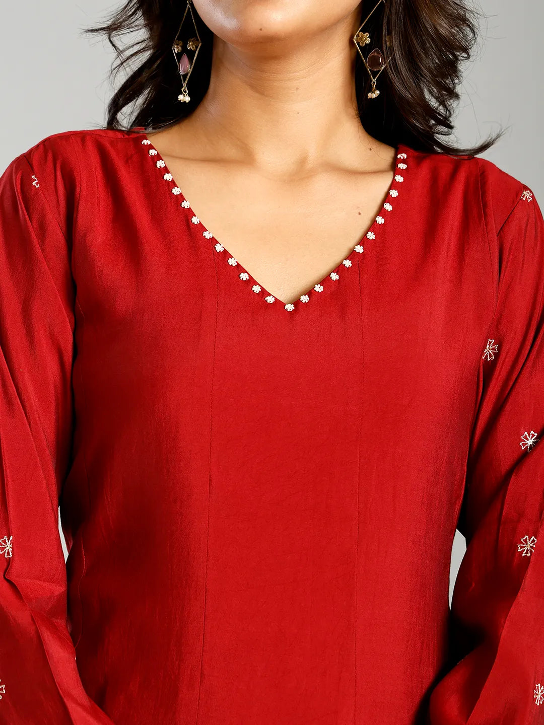 Red Roman Silk Zari Work A-Line Kurta Trouser Dupatta Set