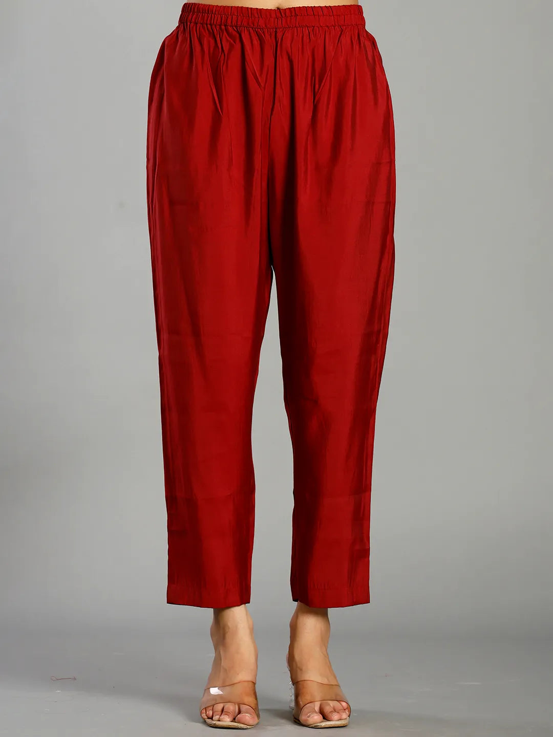 Red Roman Silk Zari Work A-Line Kurta Trouser Dupatta Set