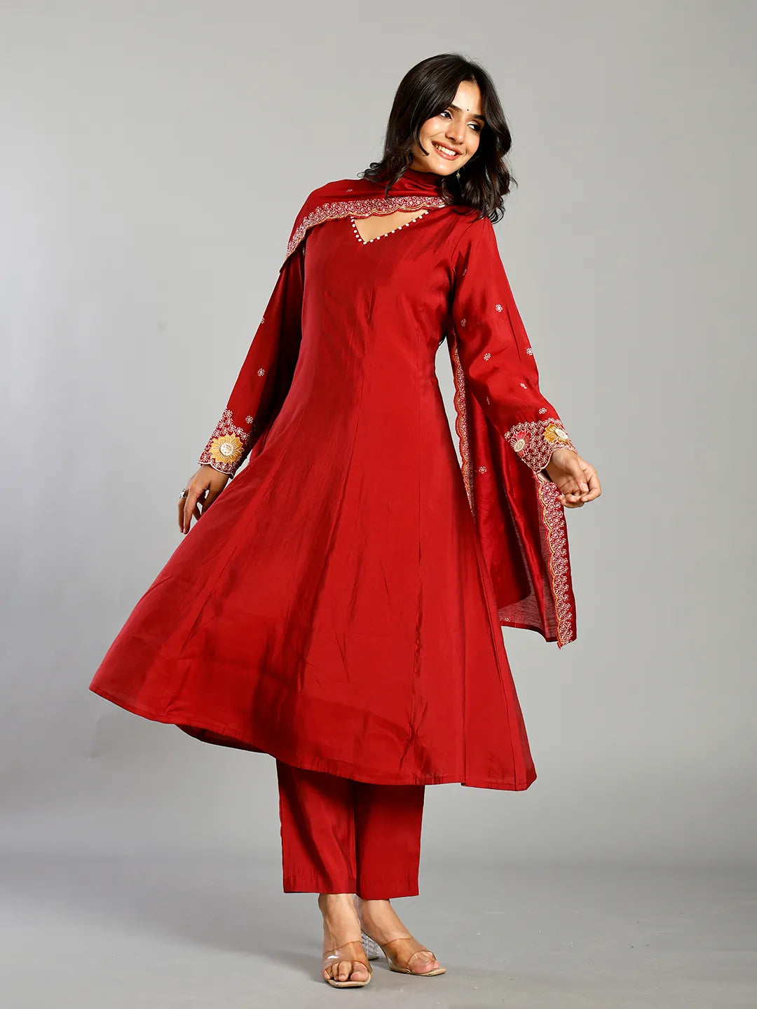 Red Roman Silk Zari Work A-Line Kurta Trouser Dupatta Set