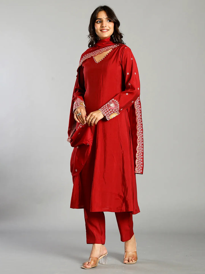 Red Roman Silk Zari Work A-Line Kurta Trouser Dupatta Set