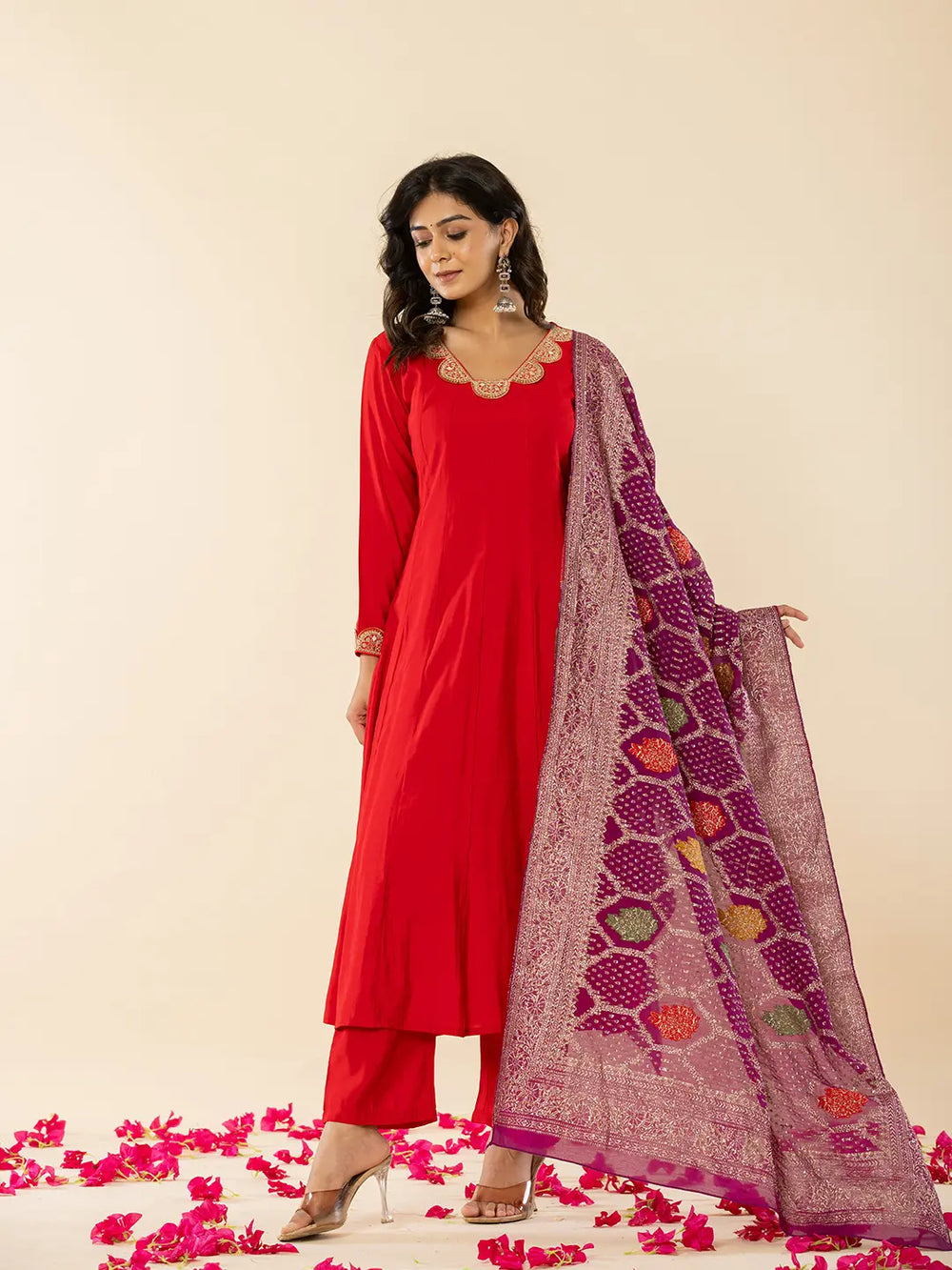 Red Silk Blend Anarkali Kurta Dupatta Set-Yufta Store-6056SKDRDS