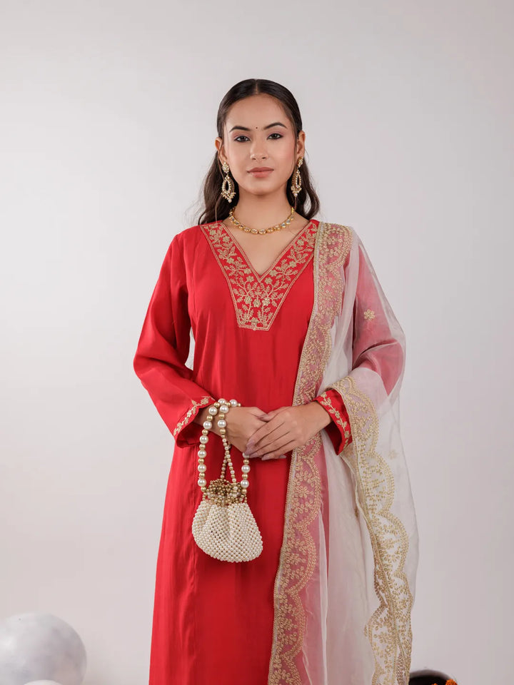 Red Silk Embroidered Kurta Dupatta Set-Yufta Store-7175SKDRDS