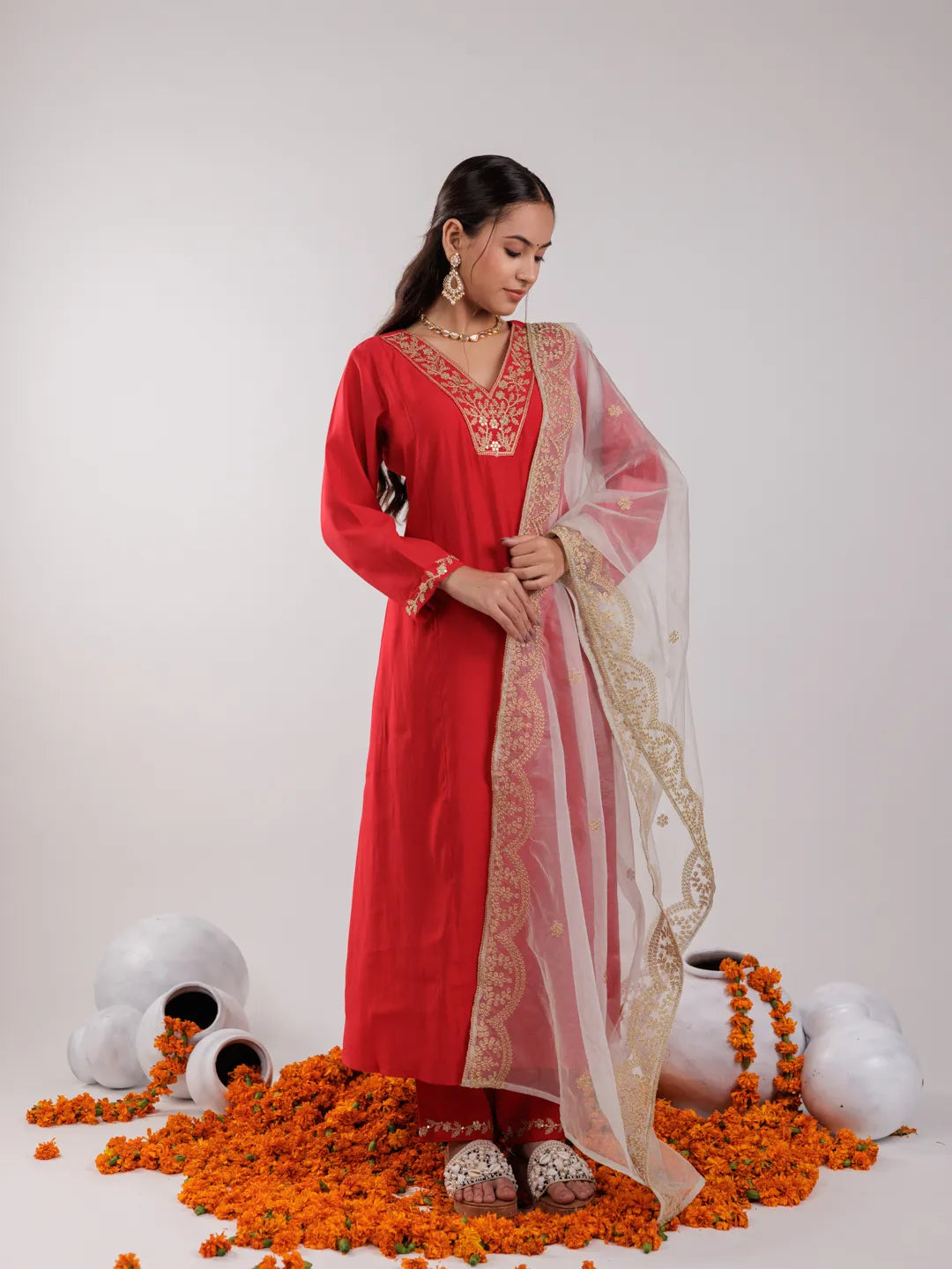 Red Silk Embroidered Kurta Dupatta Set-Yufta Store-7175SKDRDS