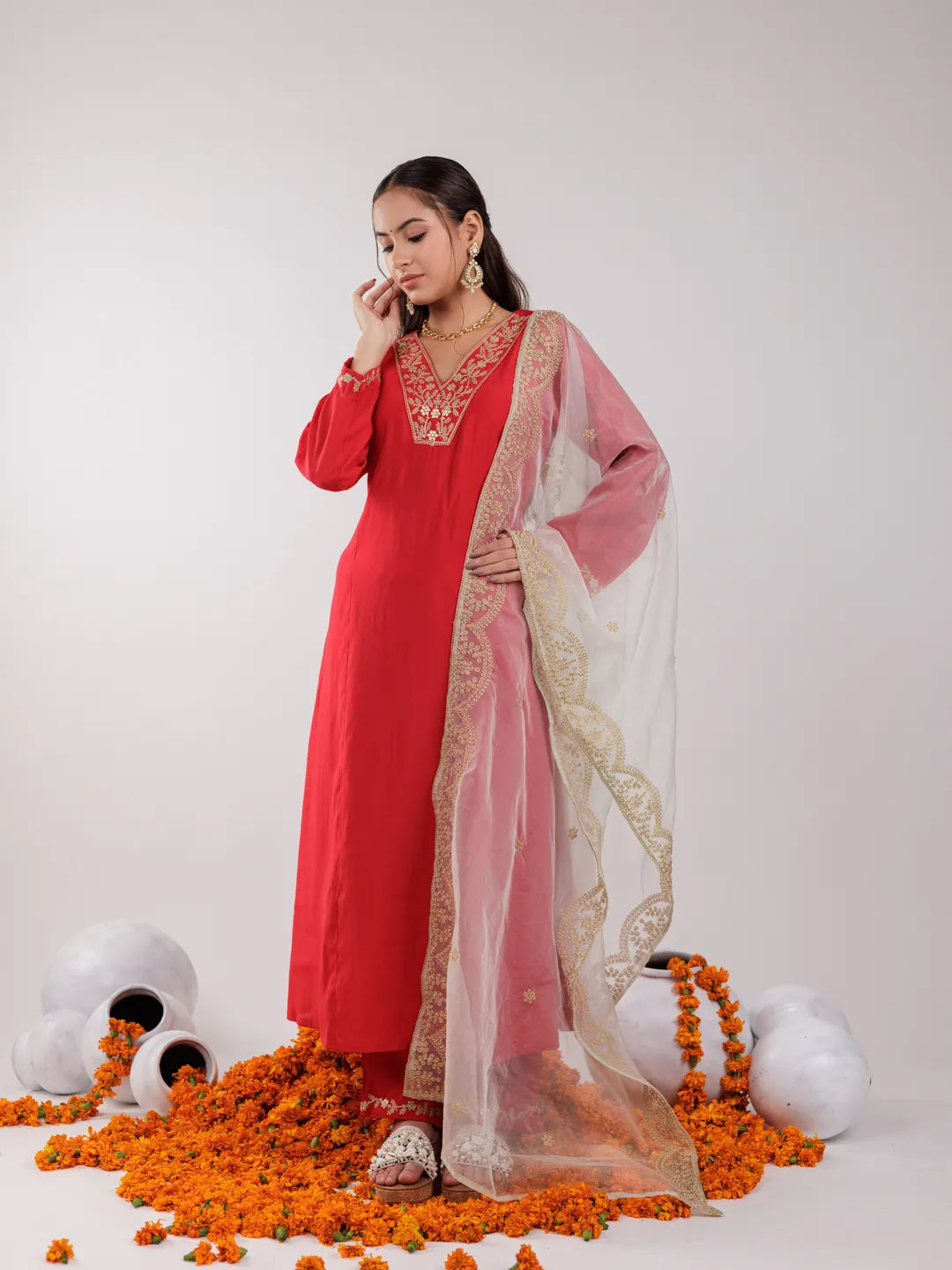 Red Silk Embroidered Kurta Dupatta Set-Yufta Store-7175SKDRDS