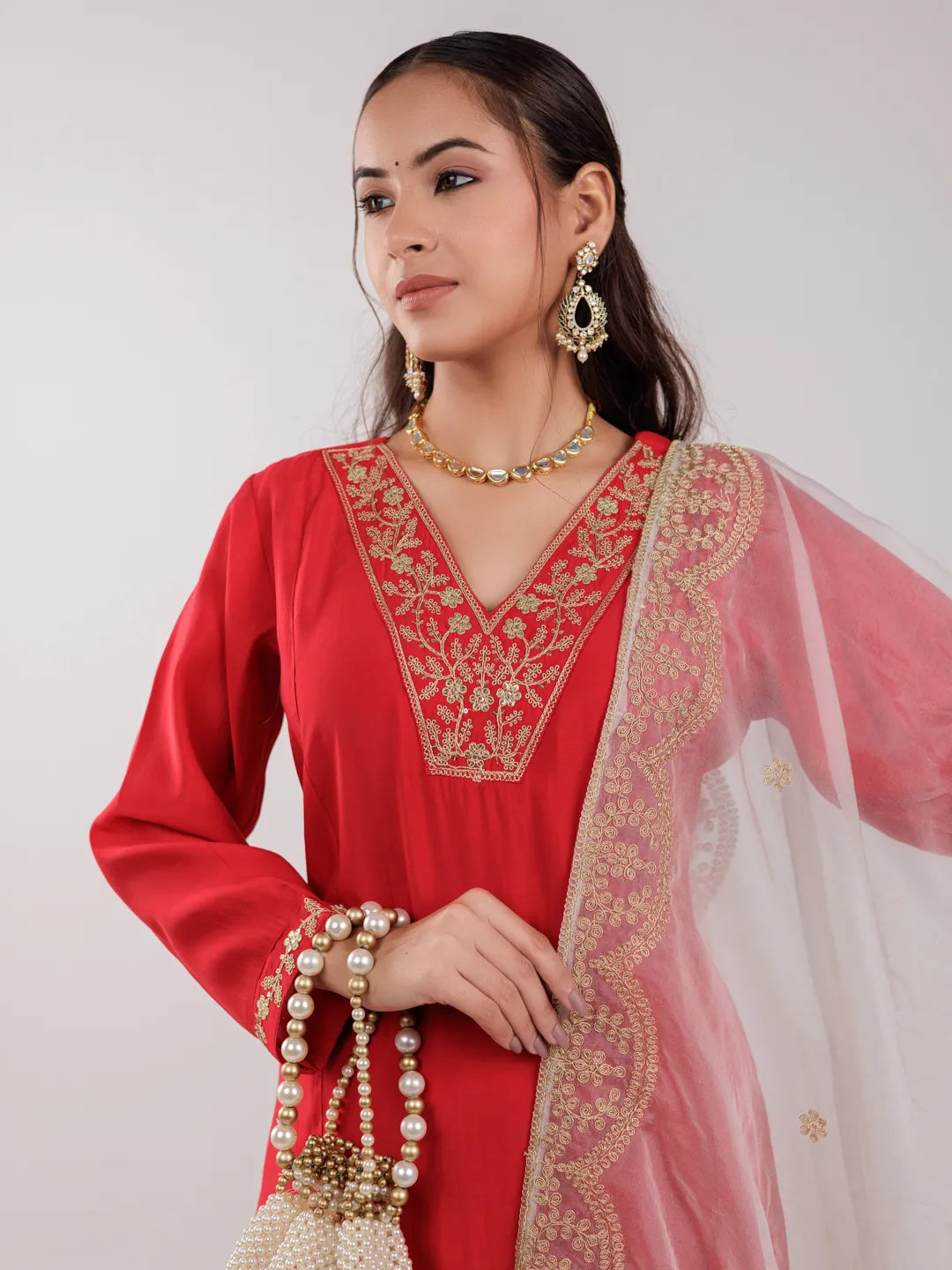 Red Silk Embroidered Kurta Dupatta Set-Yufta Store-7175SKDRDS