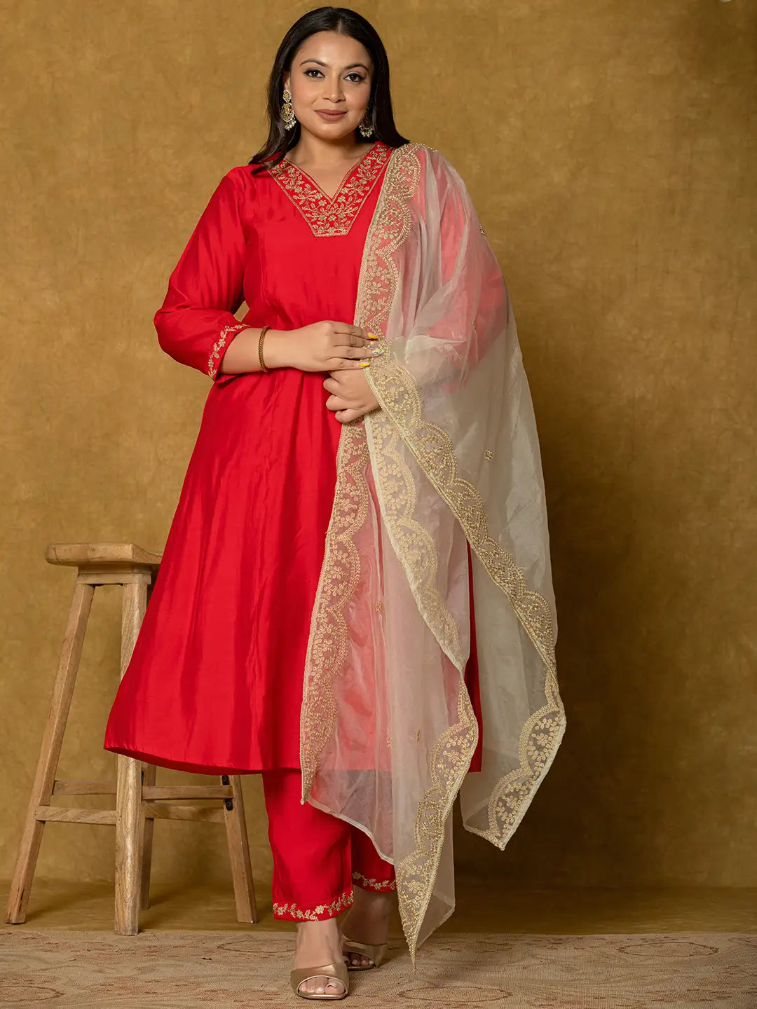 Red Silk Embroidered Plus Size Kurta Dupatta Set-Yufta Store-7175PSKDRD3XL