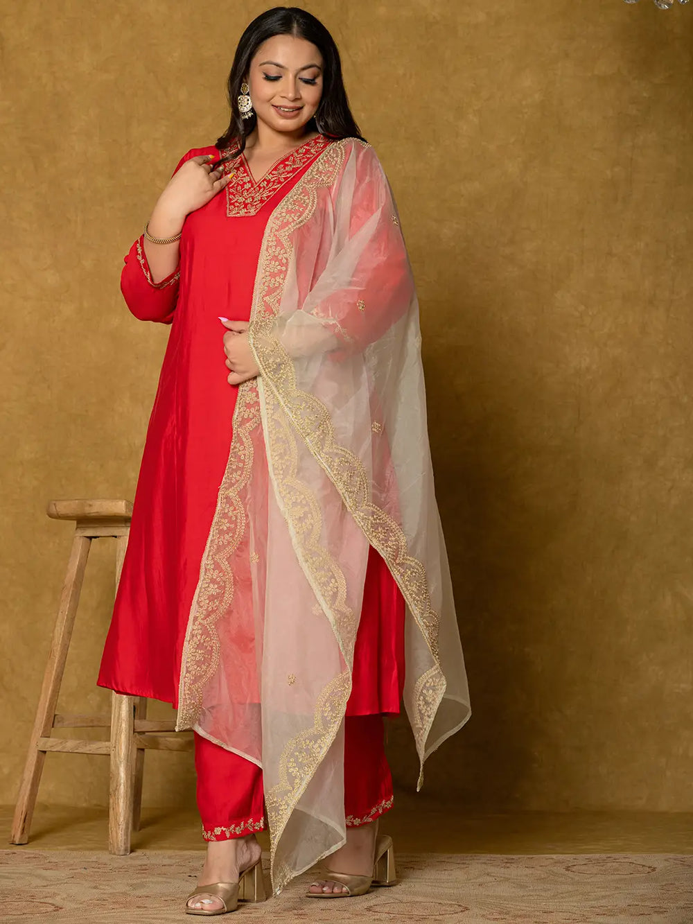 Red Silk Embroidered Plus Size Kurta Dupatta Set-Yufta Store-7175PSKDRD3XL