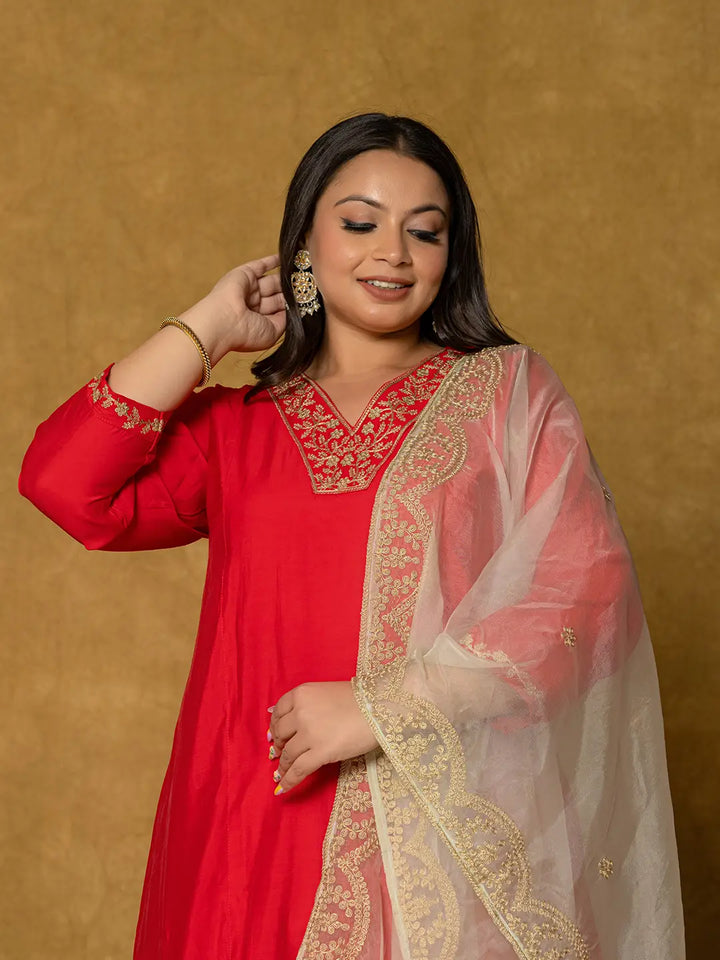 Red Silk Embroidered Plus Size Kurta Dupatta Set-Yufta Store-7175PSKDRD3XL