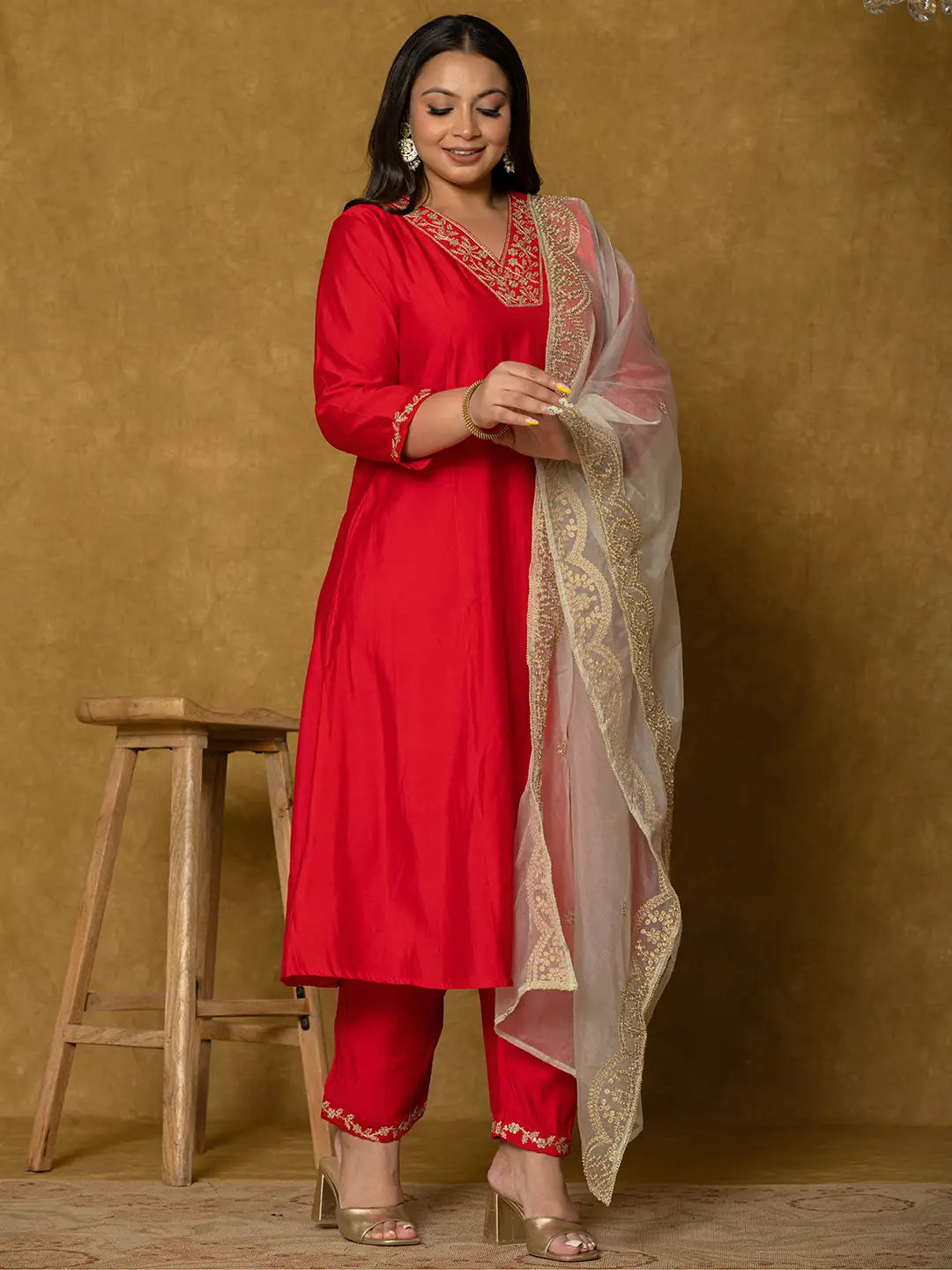 Red Silk Embroidered Plus Size Kurta Dupatta Set-Yufta Store-7175PSKDRD3XL