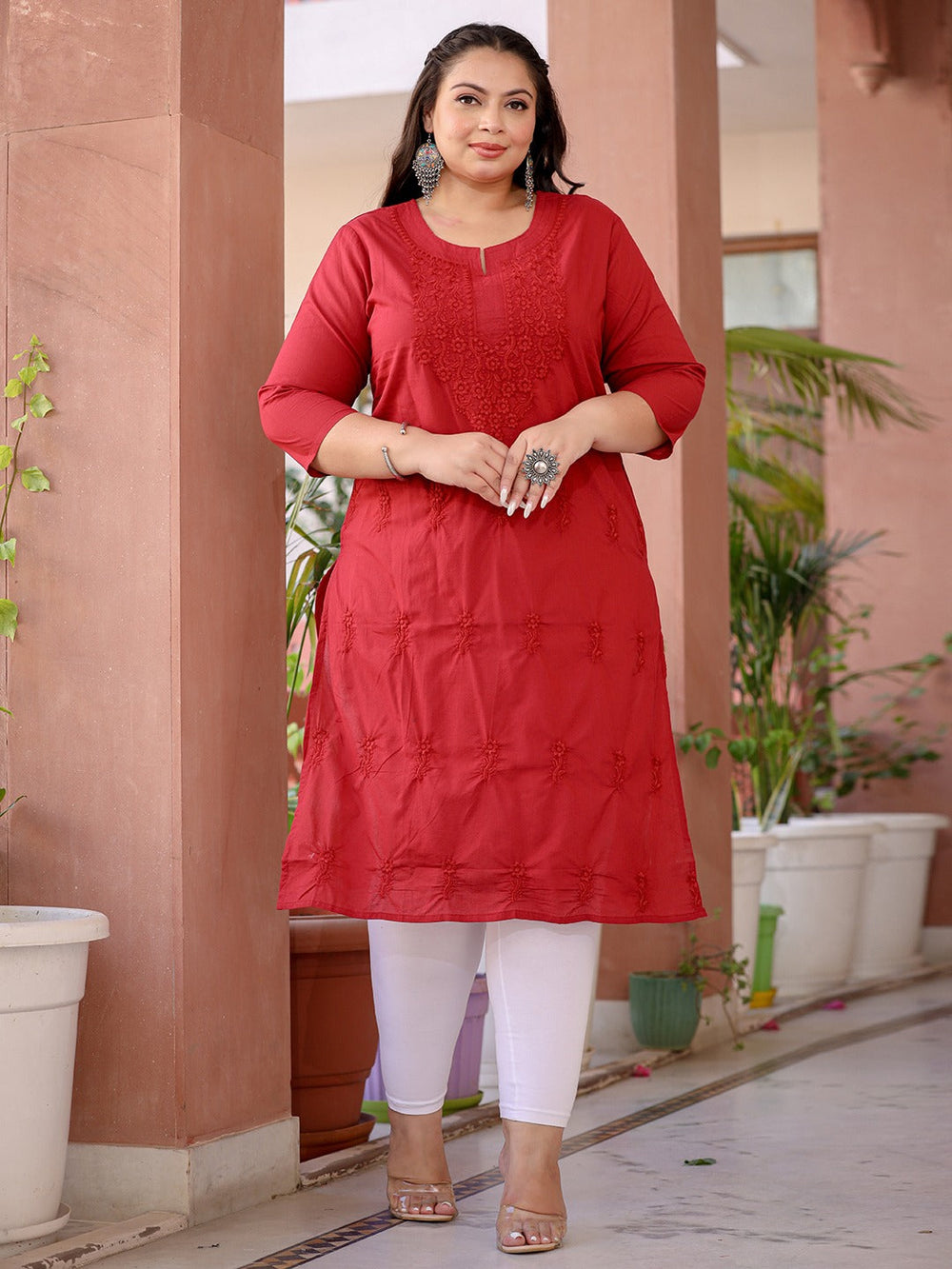 Red Straight Embroidered Kurti Plus Size-Yufta Store-1285PKURRD3XL