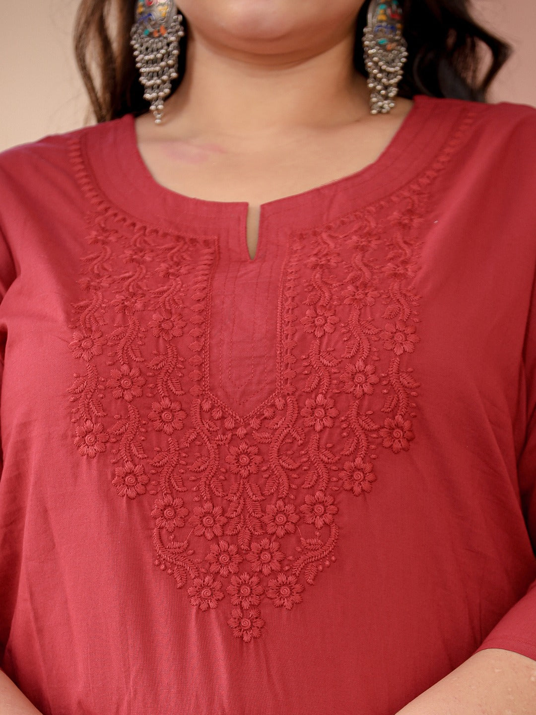 Red Straight Embroidered Kurti Plus Size-Yufta Store-1285PKURRD3XL