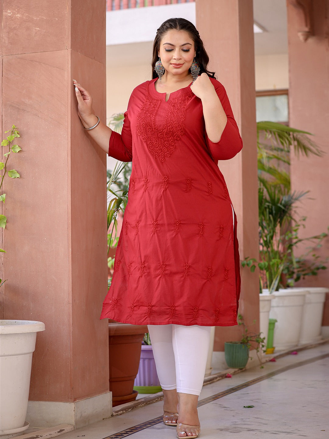 Red Straight Embroidered Kurti Plus Size-Yufta Store-1285PKURRD3XL