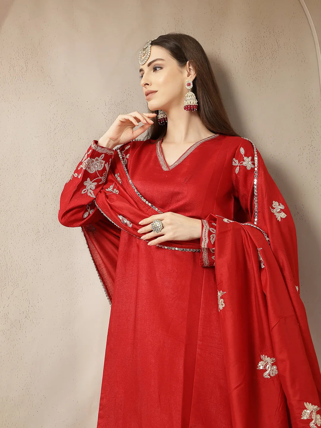 Red Vatican Silk Dori Embroidery Mirror Work Kurta Trouser Dupatta Set