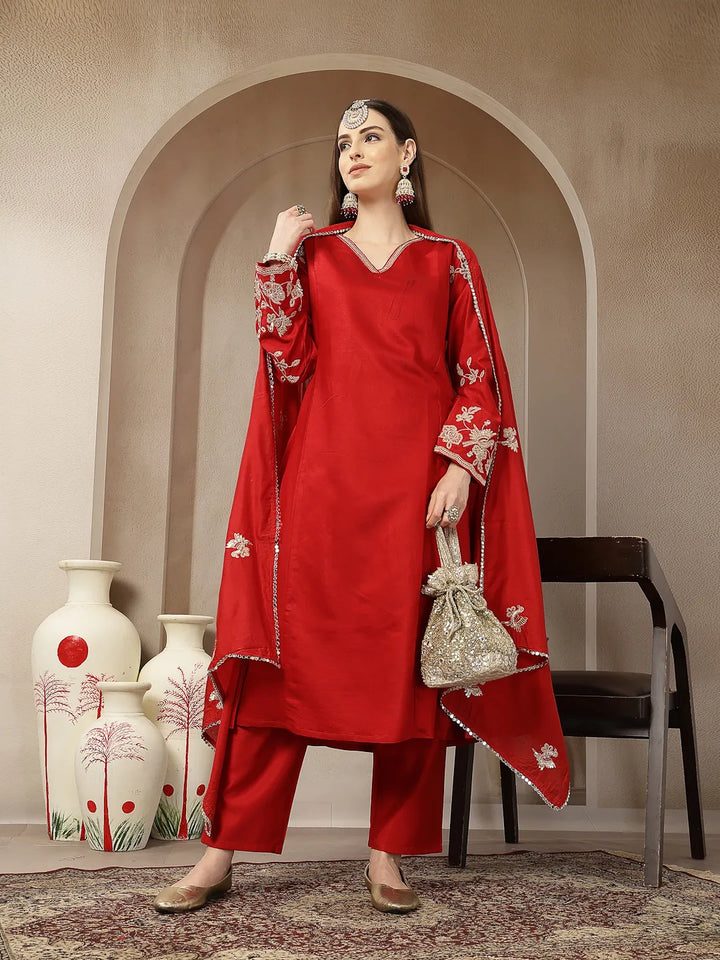 Red Vatican Silk Dori Embroidery Mirror Work Kurta Trouser Dupatta Set