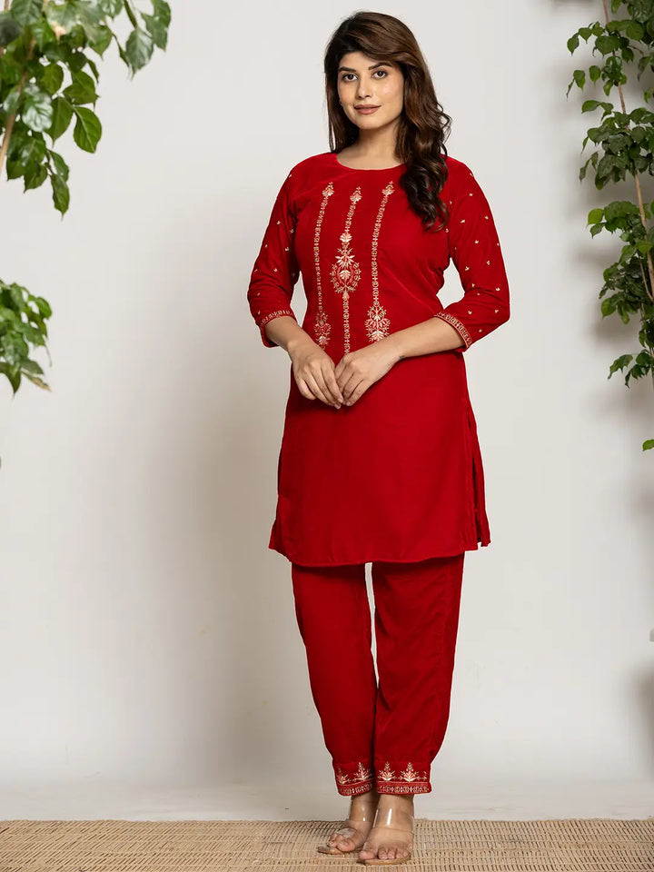 Red Velvet Embroidered Co-Ord Set With Cotton Lining-Yufta Store-7160CRDRDS