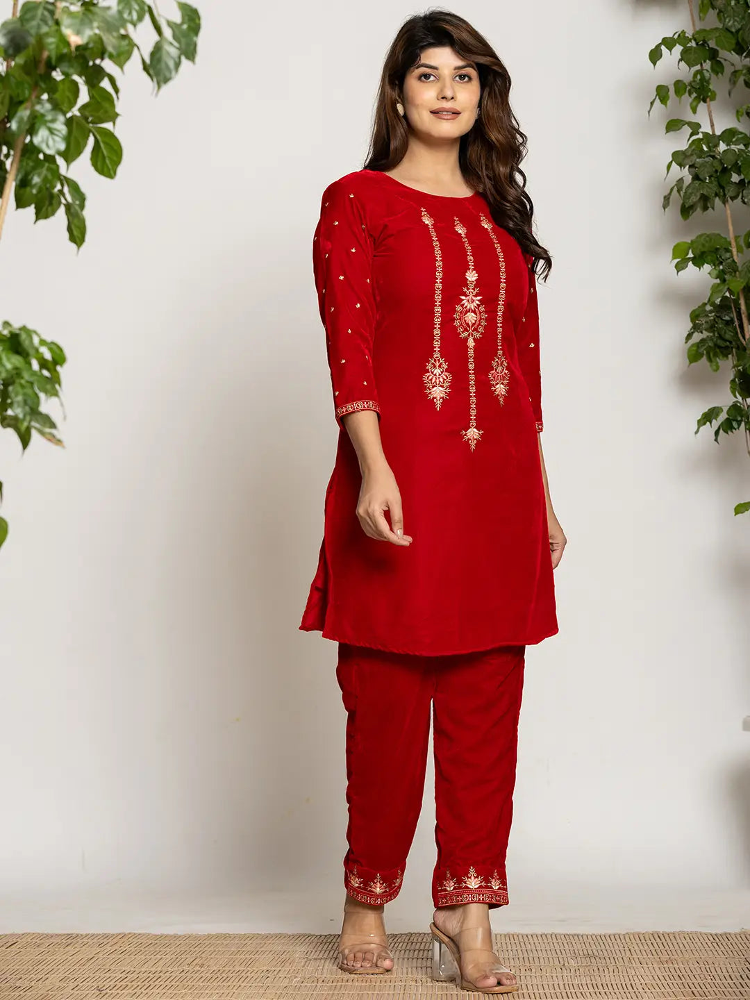 Red Velvet Embroidered Co-Ord Set With Cotton Lining-Yufta Store-7160CRDRDS