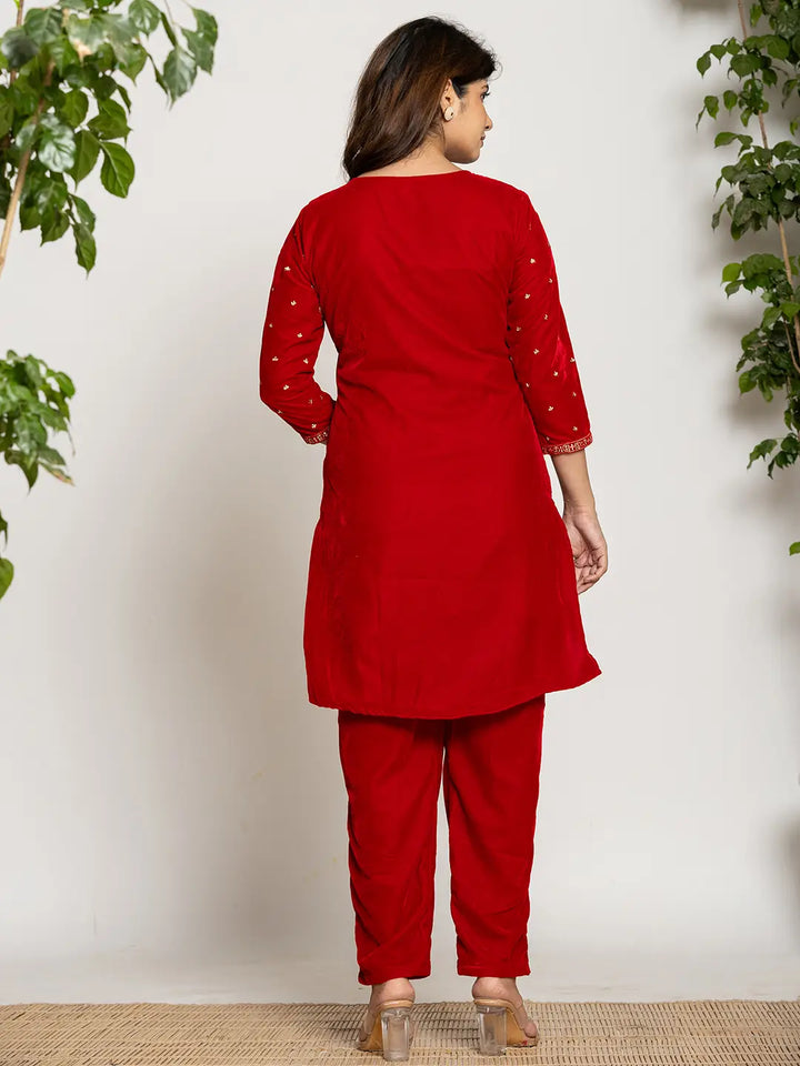 Red Velvet Embroidered Co-Ord Set With Cotton Lining-Yufta Store-7160CRDRDS