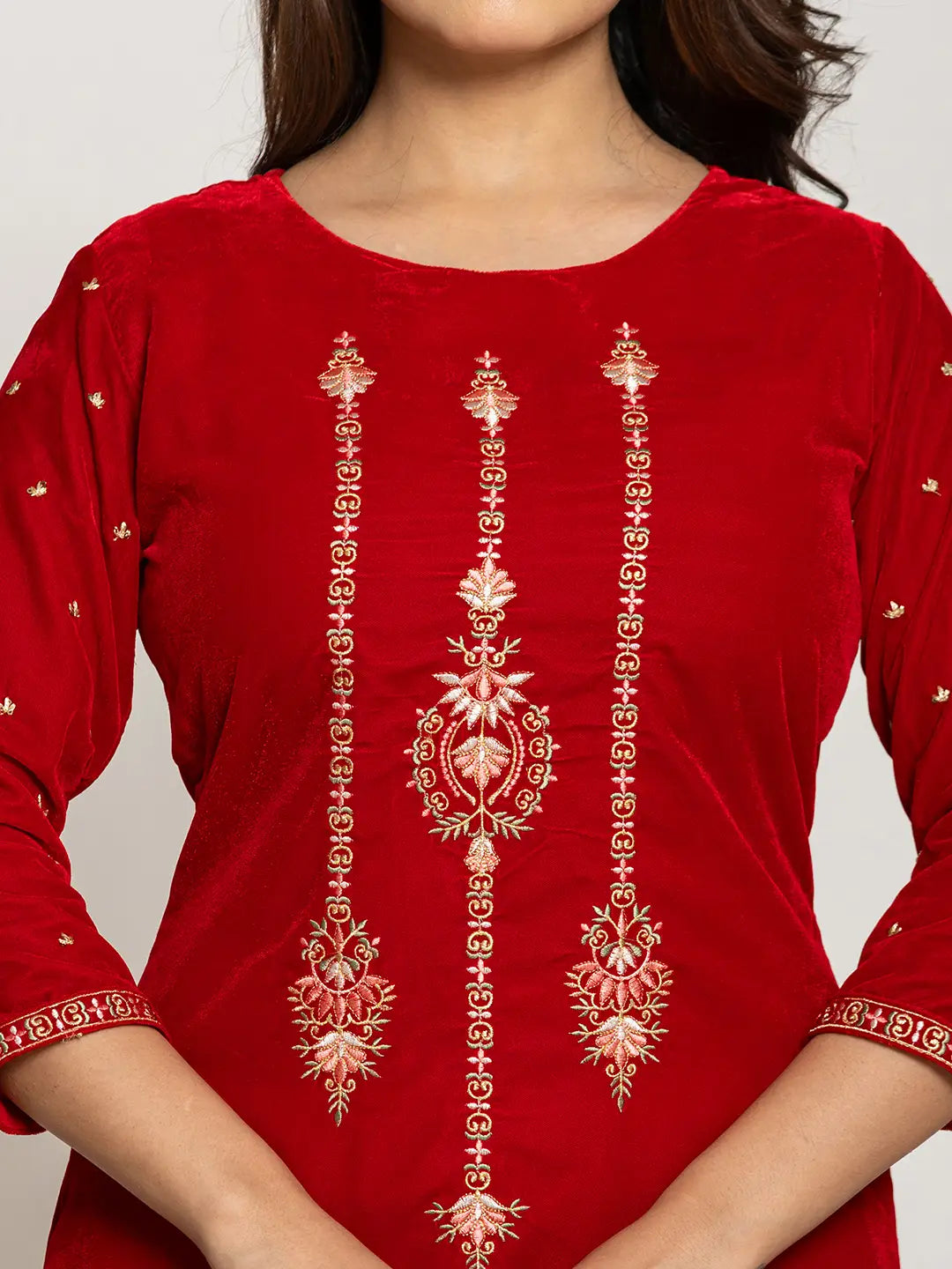 Red Velvet Embroidered Co-Ord Set With Cotton Lining-Yufta Store-7160CRDRDS