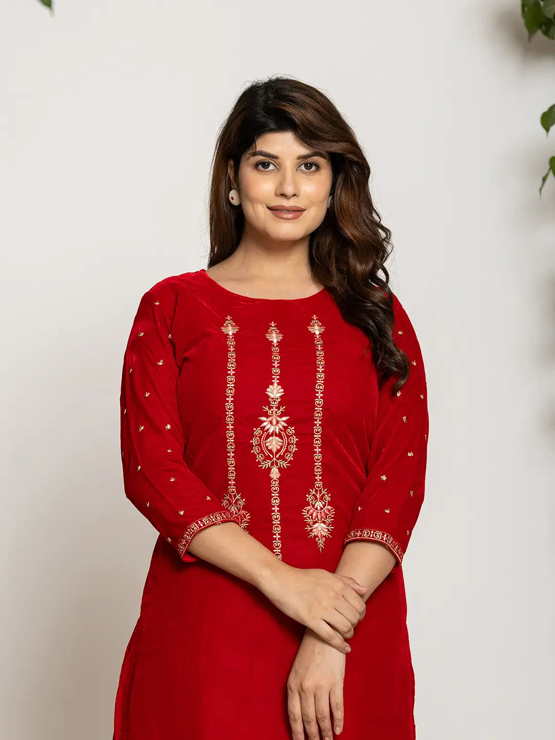 Red Velvet Embroidered Co-Ord Set With Cotton Lining-Yufta Store-7160CRDRDS