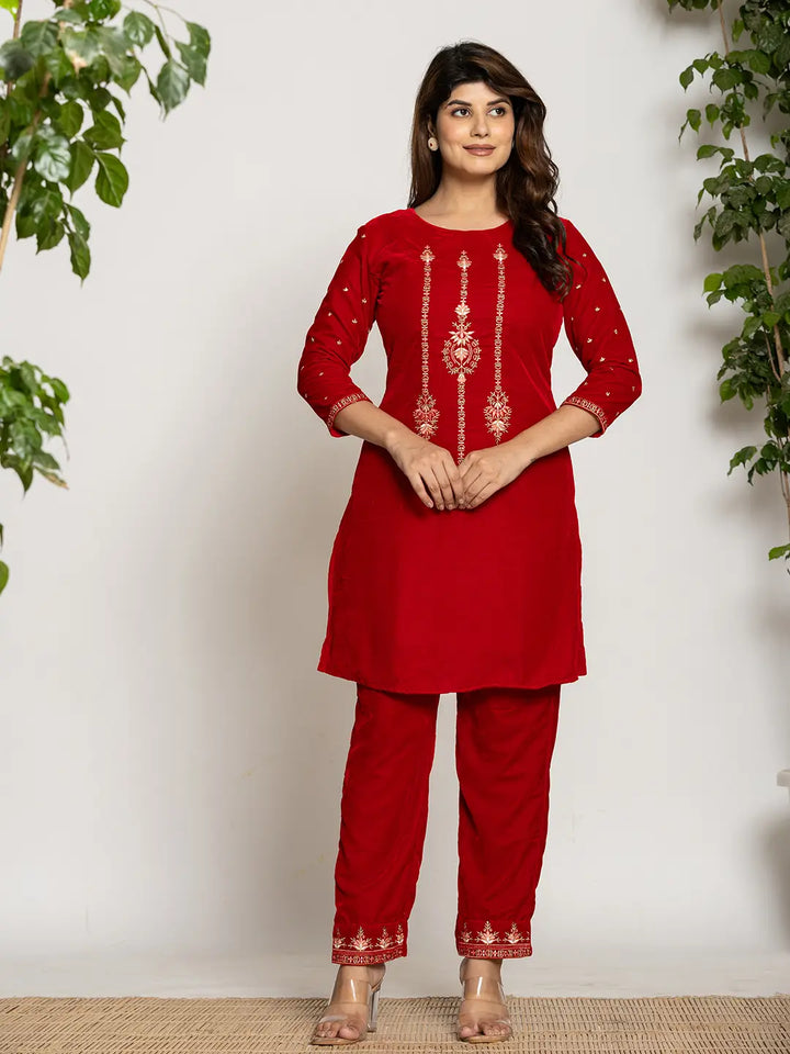 Red Velvet Embroidered Co-Ord Set With Cotton Lining-Yufta Store-7160CRDRDS