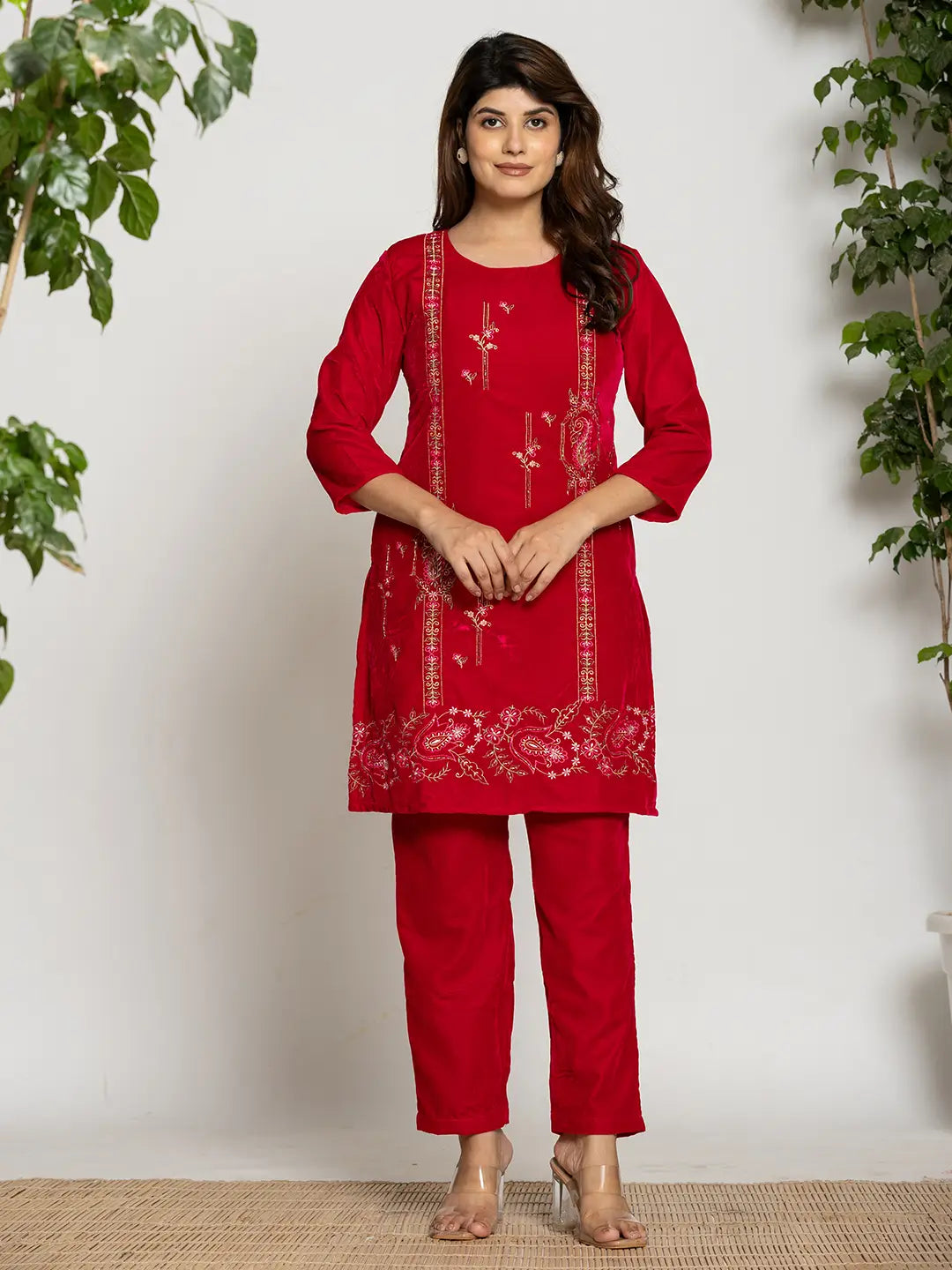 Pink Velvet Embroidered Tunic Co-Ord Set With Cotton Lining-Yufta Store-7161CRDPKS