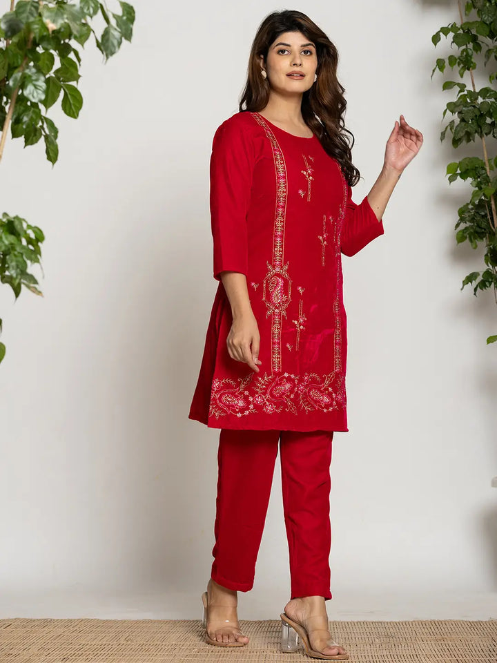 Pink Velvet Embroidered Tunic Co-Ord Set With Cotton Lining-Yufta Store-7161CRDPKS