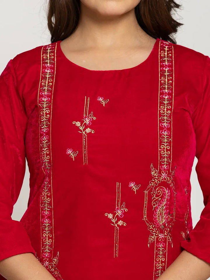 Pink Velvet Embroidered Tunic Co-Ord Set With Cotton Lining-Yufta Store-7161CRDPKS