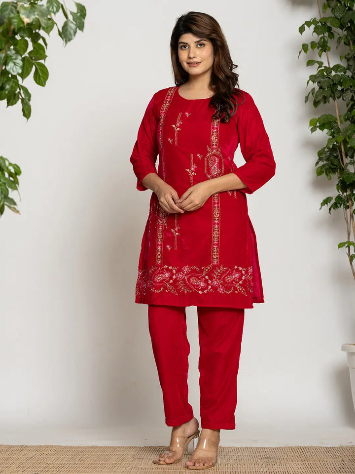 Pink Velvet Embroidered Tunic Co-Ord Set With Cotton Lining-Yufta Store-7161CRDPKS