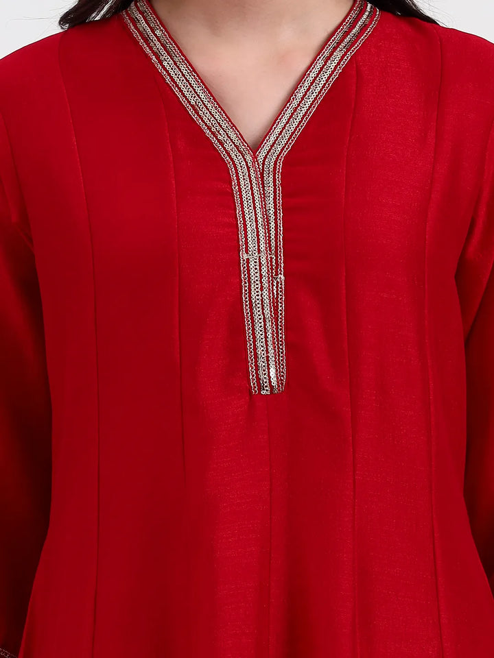 Red Vichitra Kalidaar Kurta Set With Pant And Dupatta