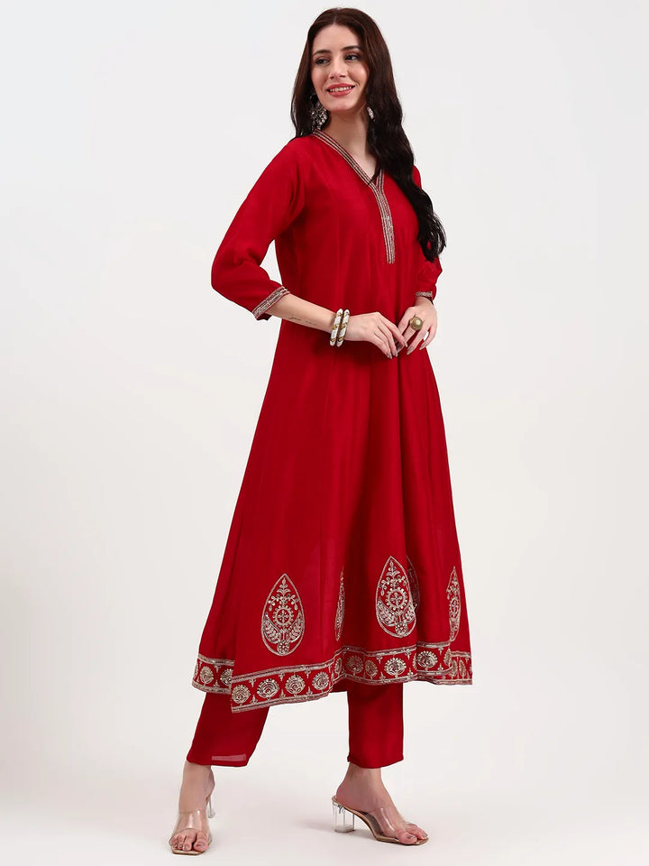 Red Vichitra Kalidaar Kurta Set With Pant And Dupatta