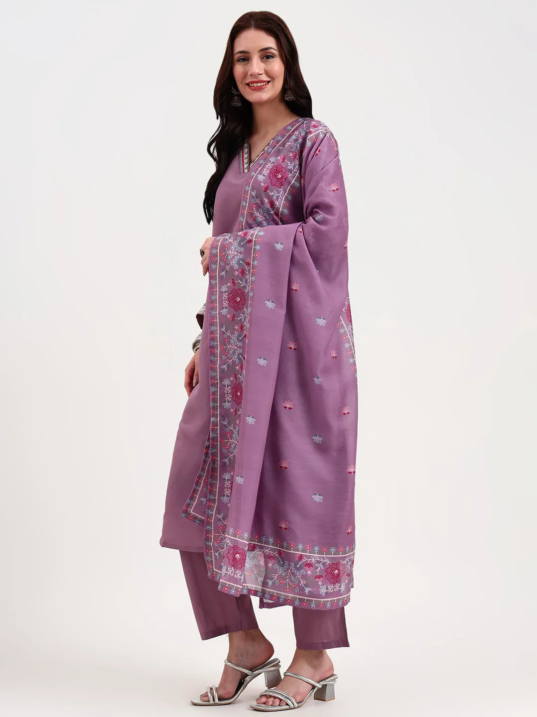 Roman Silk Lavender Kurta Dupatta Pant Setset