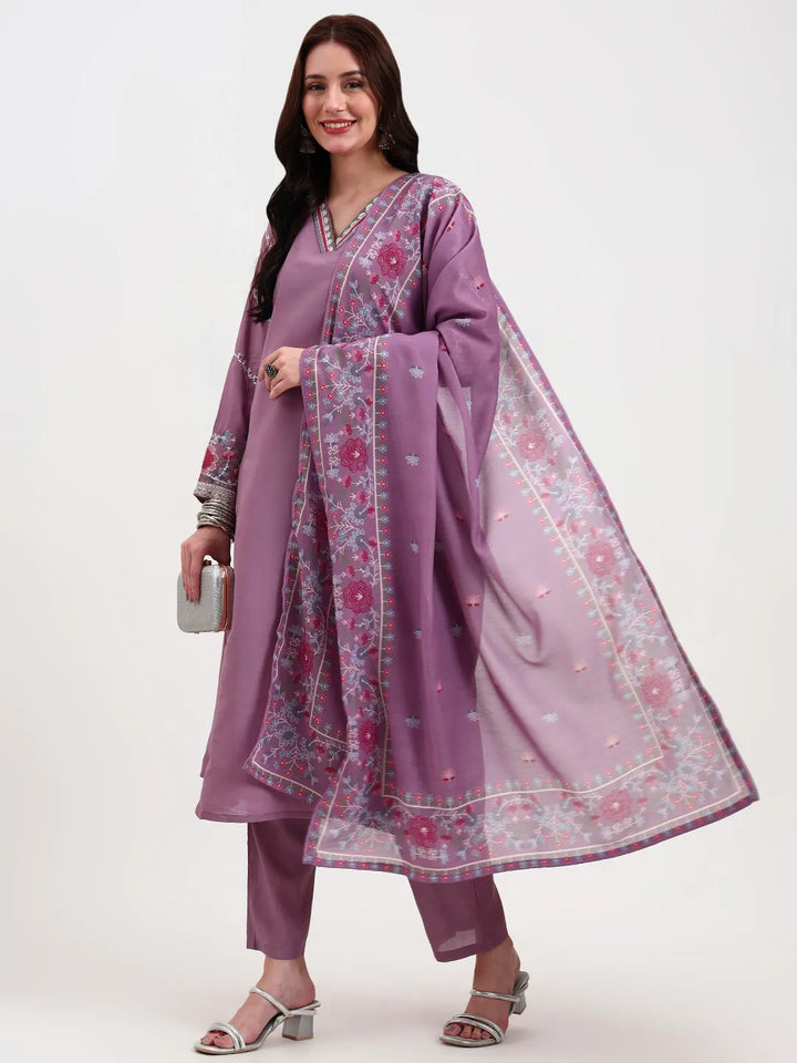 Roman Silk Lavender Kurta Dupatta Pant Setset