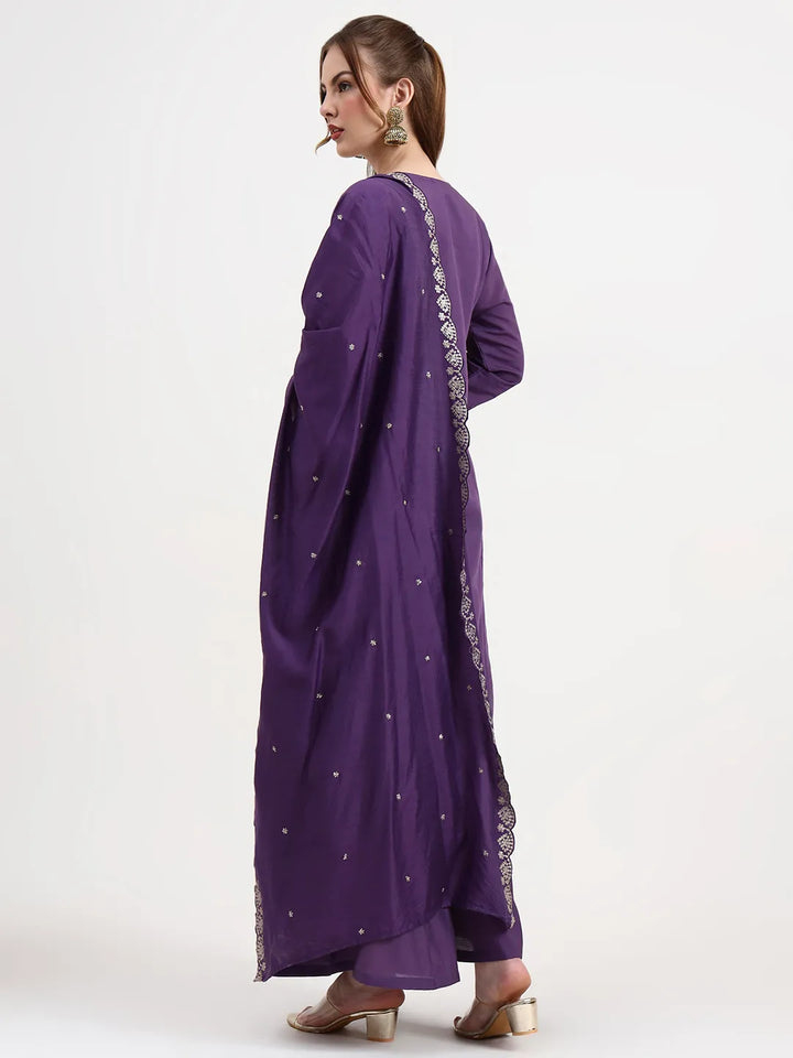 Roman Silk Purple Kurta Dupatta Palazzo Set