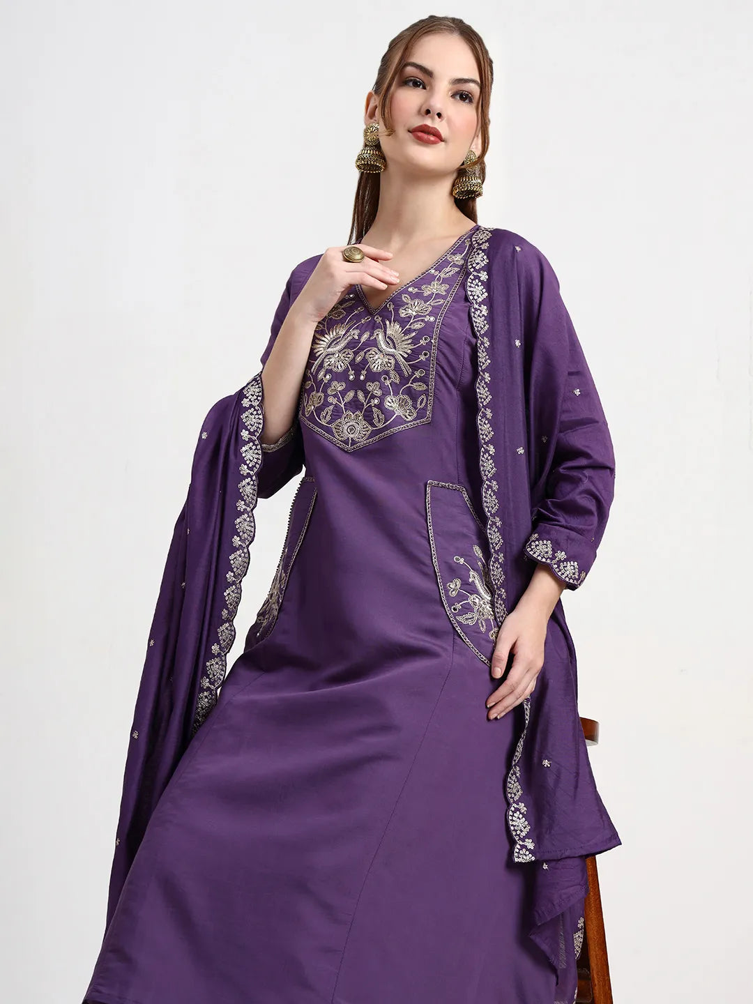 Roman Silk Purple Kurta Dupatta Palazzo Set
