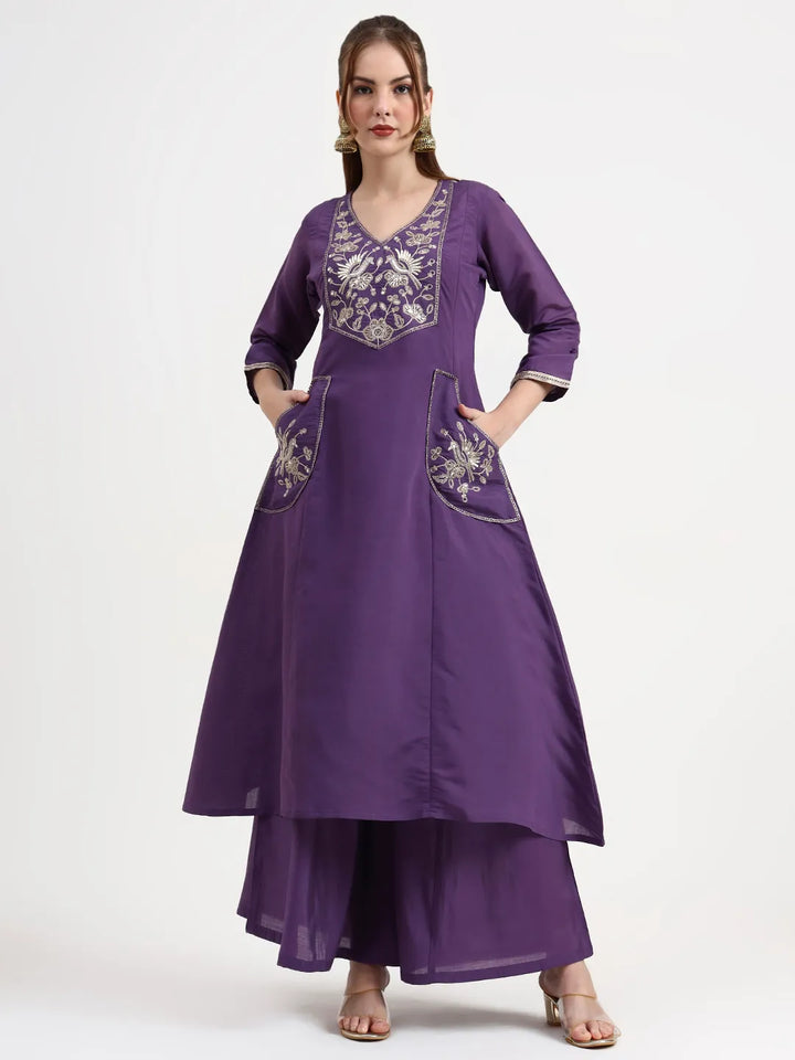 Roman Silk Purple Kurta Dupatta Palazzo Set