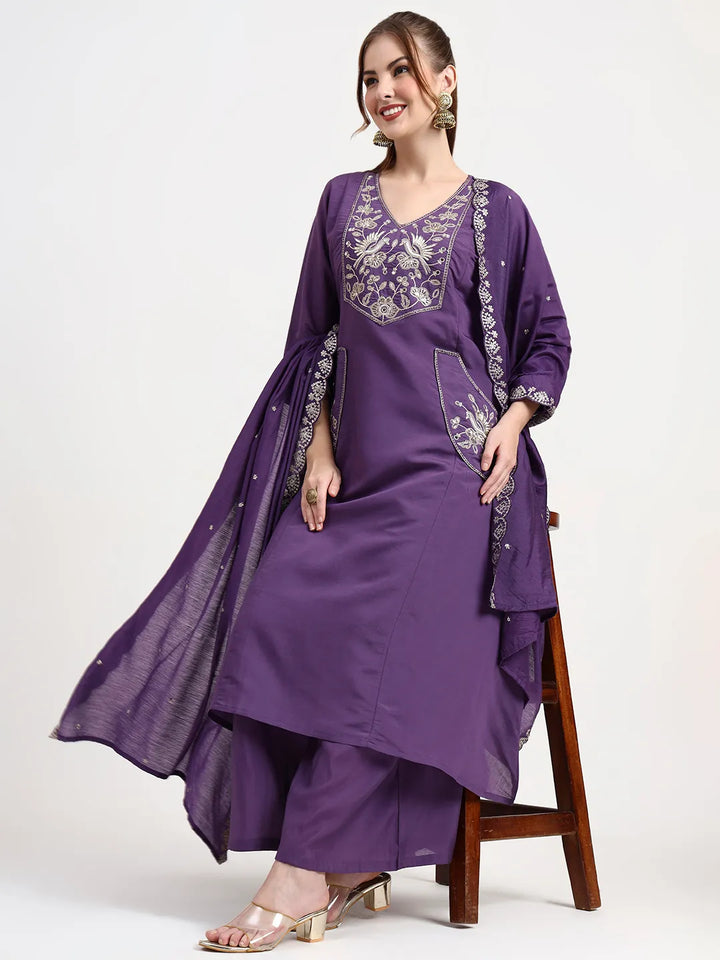 Roman Silk Purple Kurta Dupatta Palazzo Set