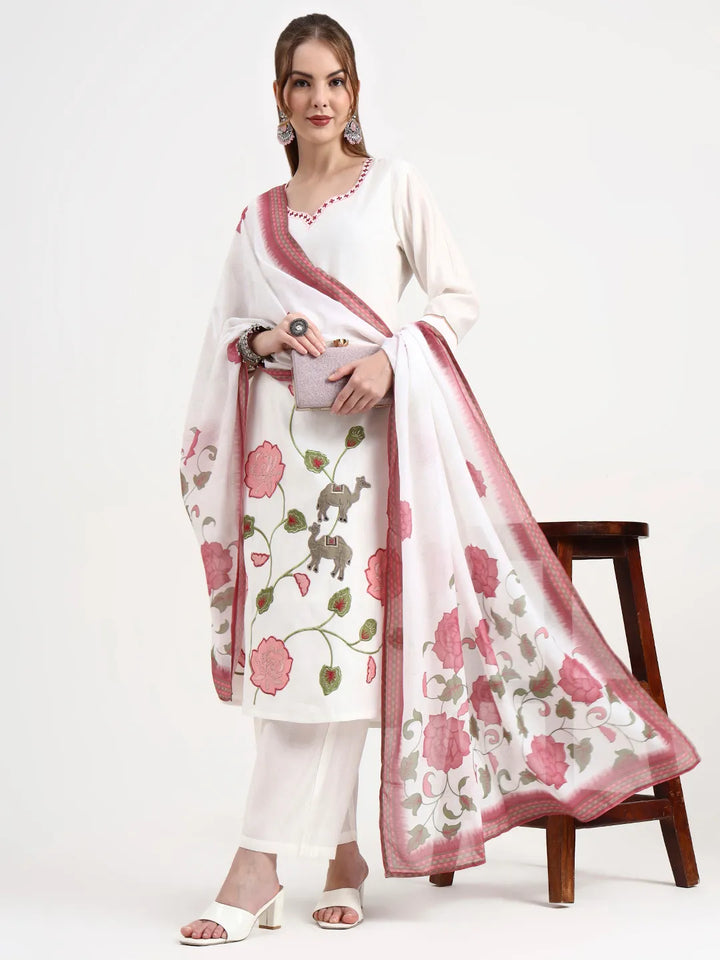 Roman Silk White Kurta Dupatt Pant Set