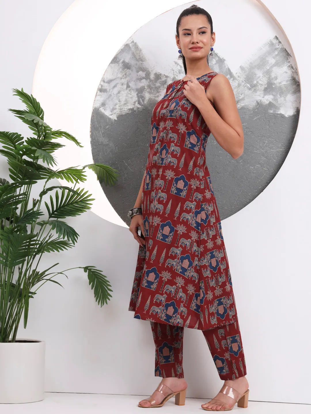 Rust Animal Print Aline Pure Cotton Kurta Trouser Set