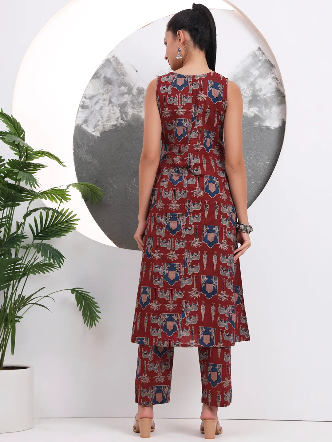 Rust Animal Print Aline Pure Cotton Kurta Trouser Set