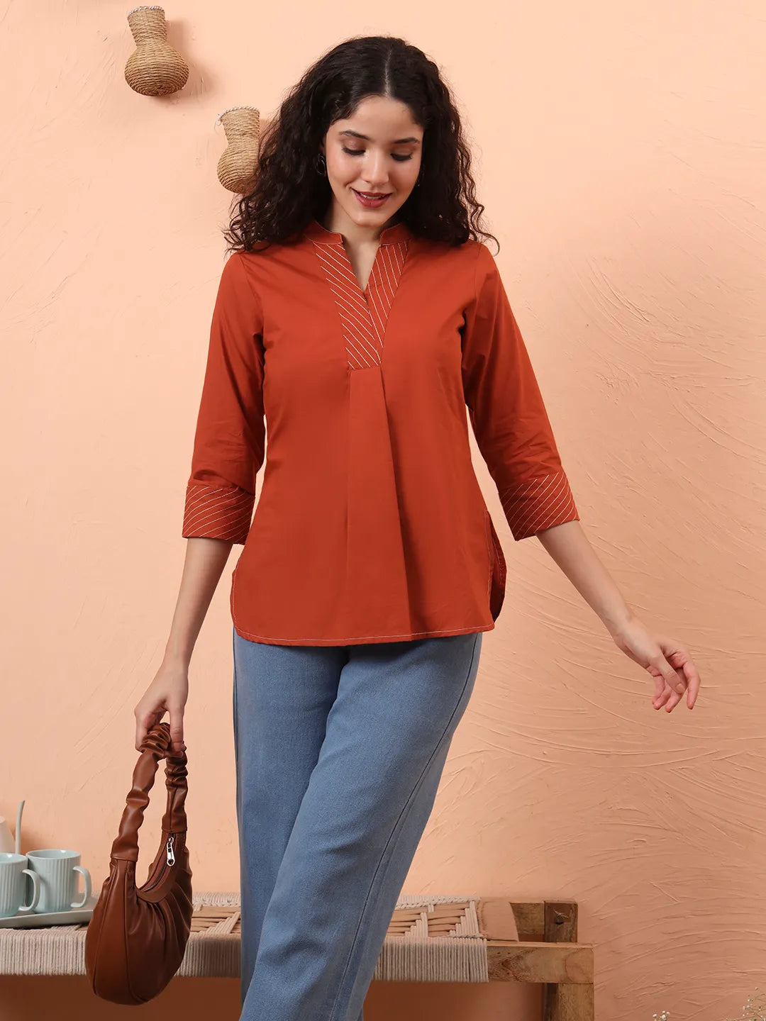 Rust Cotton Regular Top-Yufta Store-6342TOPRTS