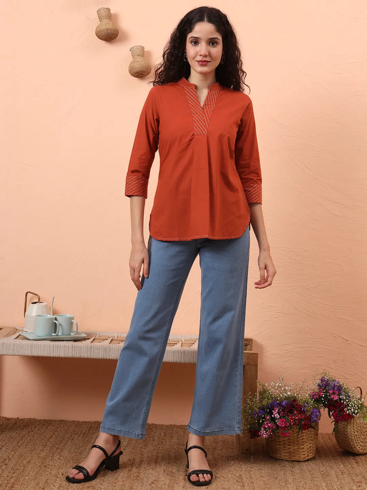 Rust Cotton Regular Top-Yufta Store-6342TOPRTS