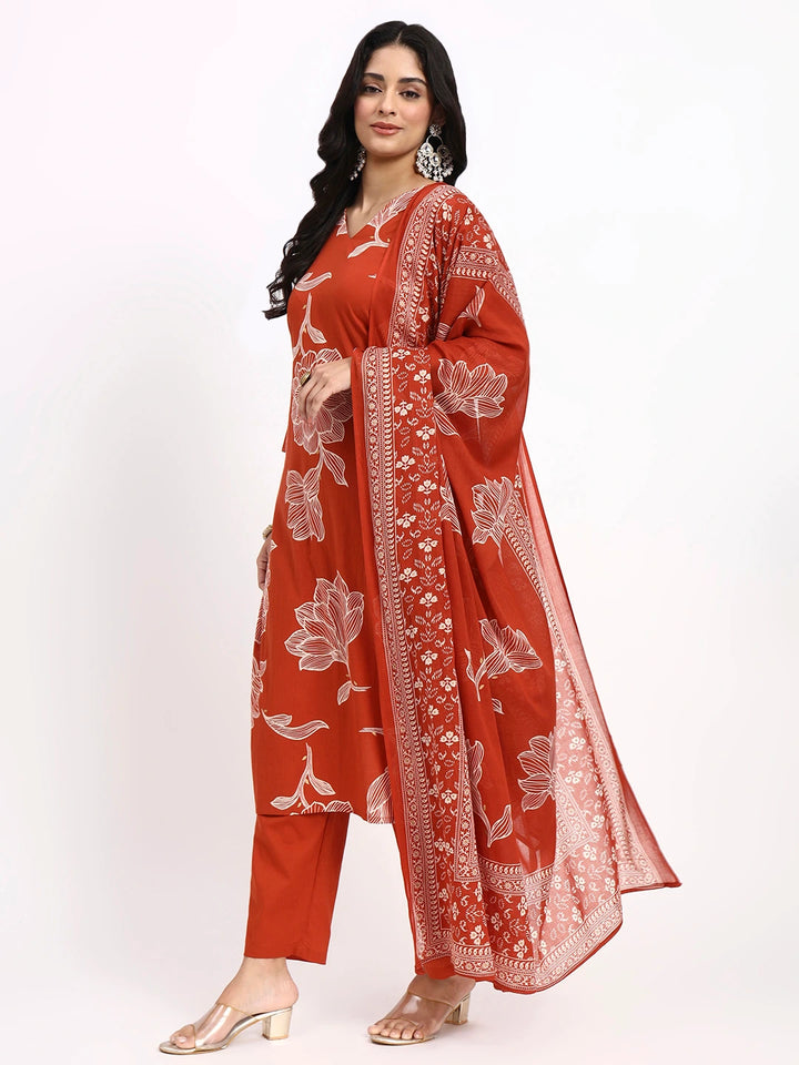 Rust Cotton Straight Kurta Pant Dupatta Set