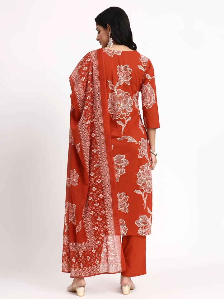 Rust Cotton Straight Kurta Pant Dupatta Set